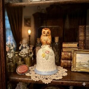 Vintage Ceramic Owl Dinner Bell Hand Painted Porcelain Figurine Cottagecore